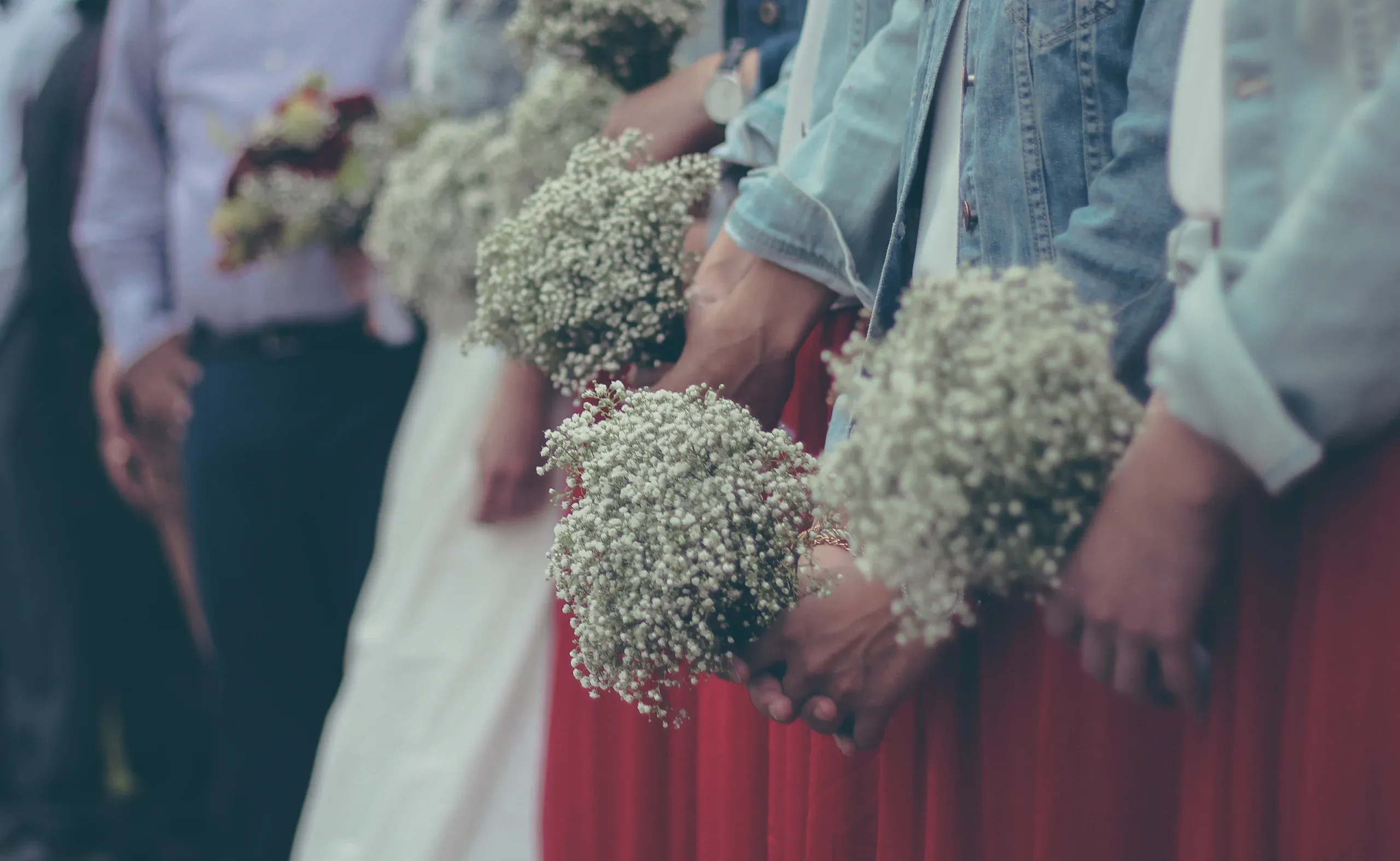 Bridesmaids holding small round posies of baby's breath, seen from the shoulders down