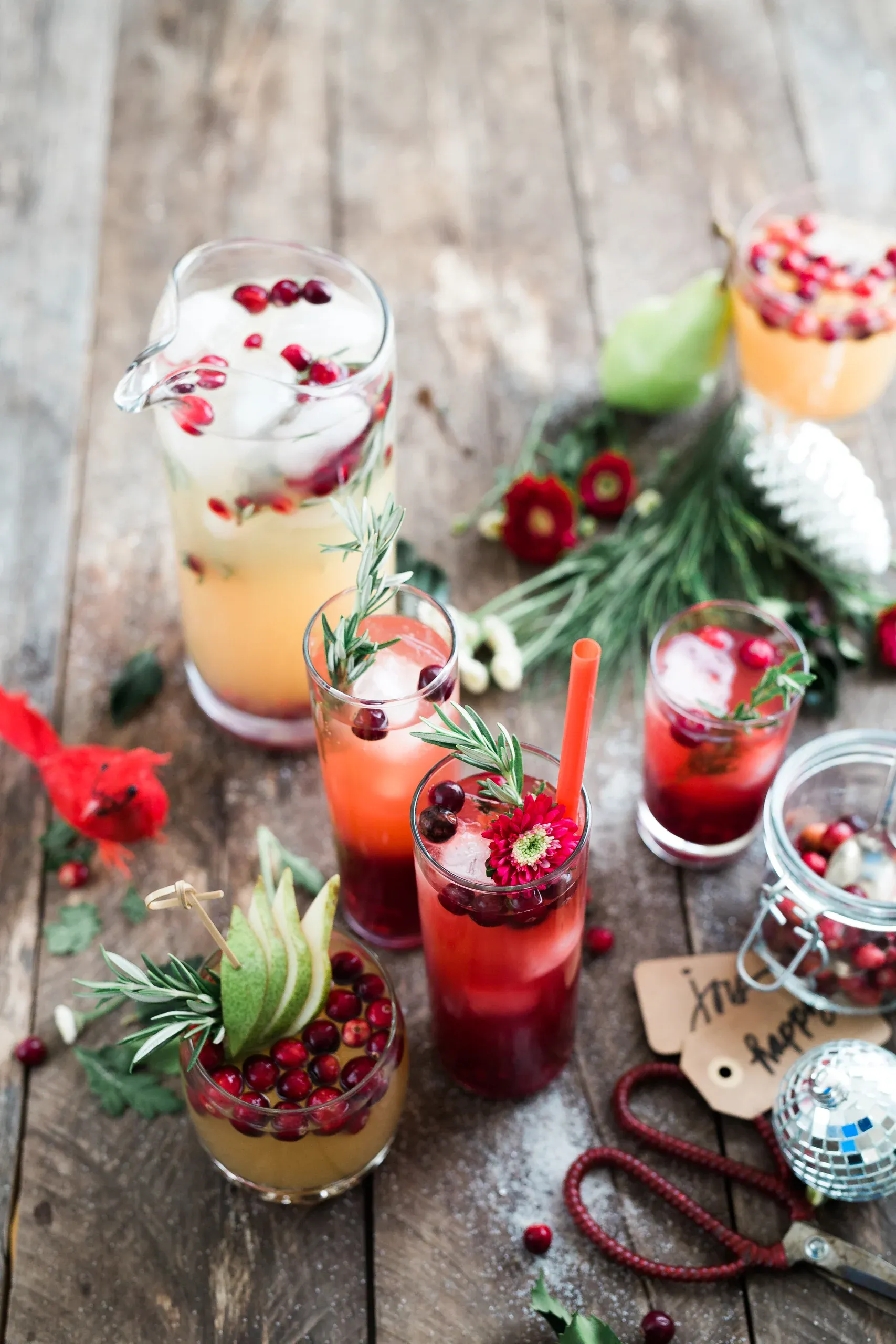 Summer punch and cranberry drinks with rosemary and pine on a rustic timber table